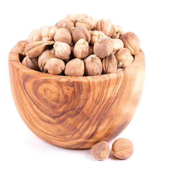 Heap of white cardamom pods in olive bowl, isolated on white background  Kapulaga Jawa or Javanese cardamom  Amomum kepulaga  Clipping path 